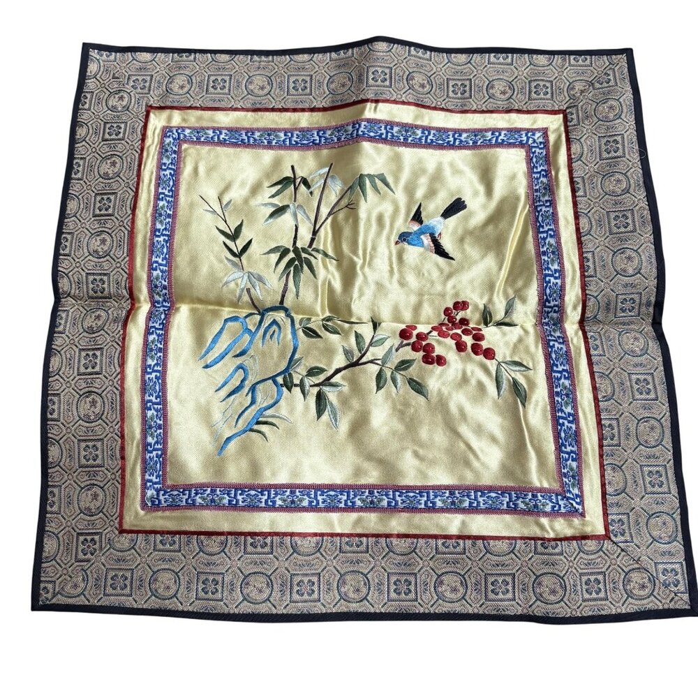 Vintage Silk 12x12 Silk Pillow Cover Bird & Bamboo Embroidery Pattern